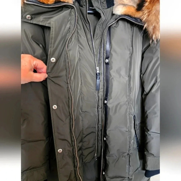 Mackage Long Coat Harley Army Khaki Racoon Rabbit Down Filled Leather L M - Picture 2 of 9